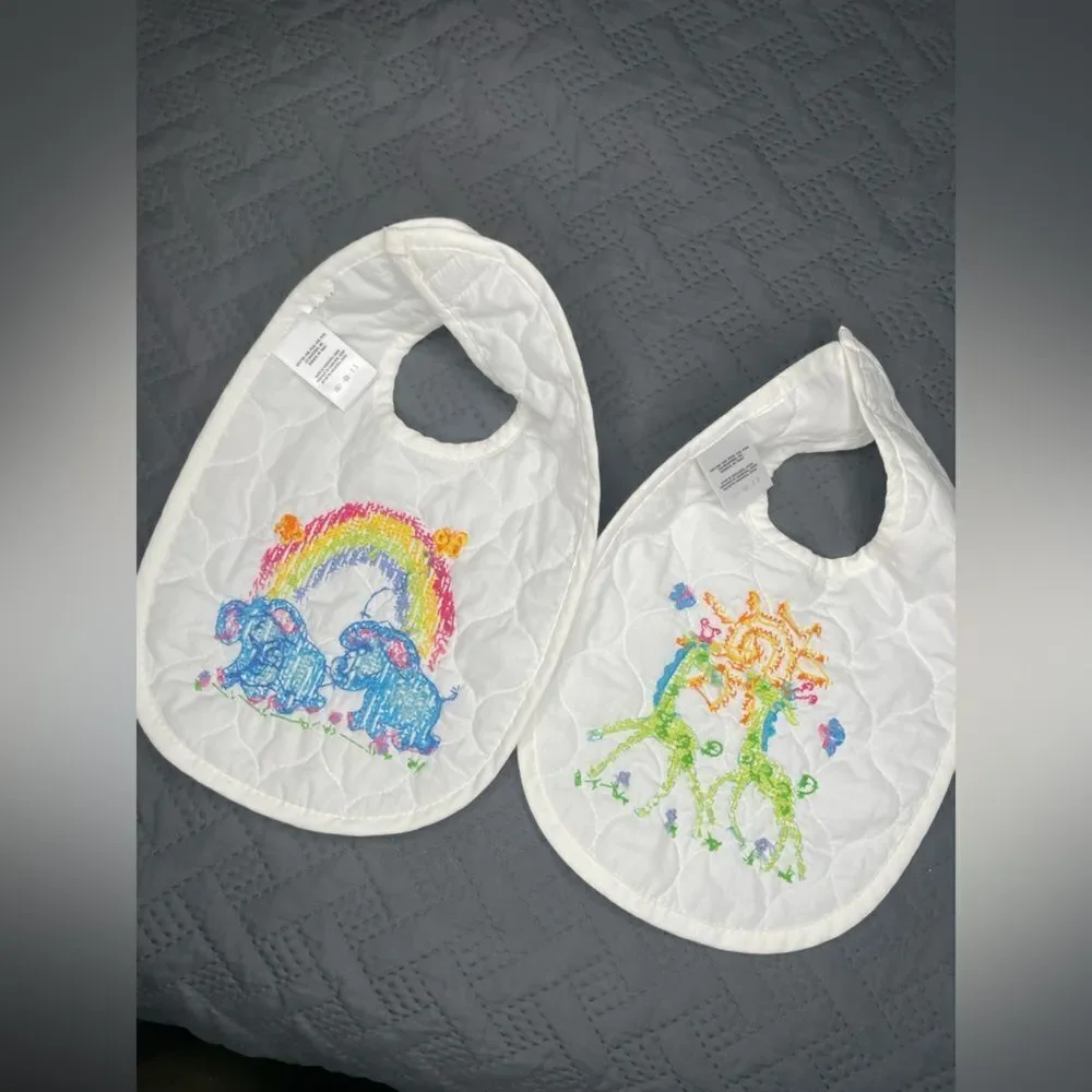 White Baby Bib Set with Embroidered Elephants and Giraffes